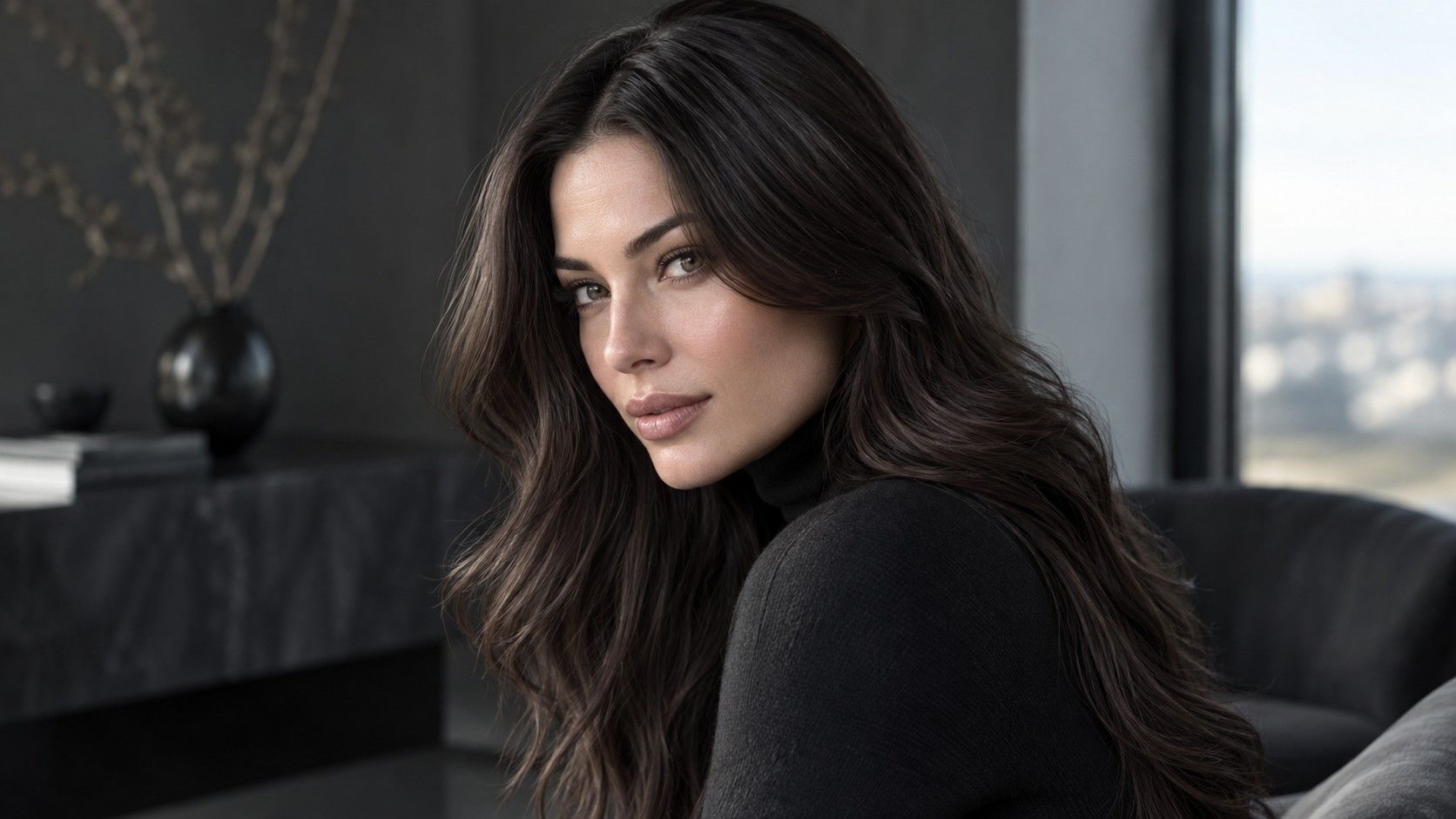 Glossy cool dark brunette hair with a clear finish