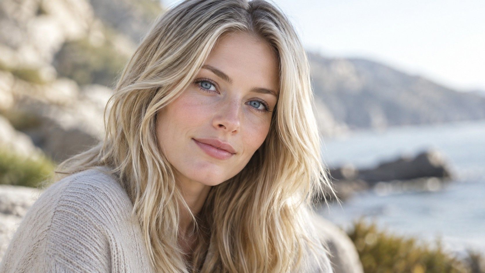 Beige blonde hair framing blue eyes