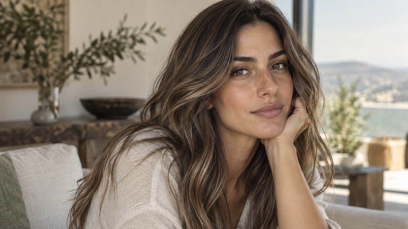 Glossy medium brown hair on olive skin